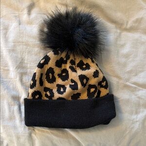 Leopard Print Kids Beanie with Black Pom Pom